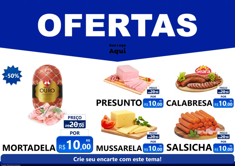 Modelo de Encarte para Encarte A4 Horizontal com o tema Ofertas Azul Cartaz para Frios e Laticínios