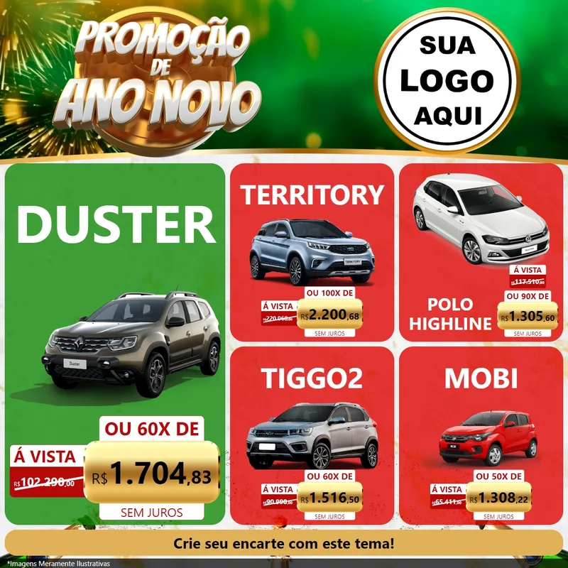Modelo de Rede Social para Feed Facebook com o tema Promoção de Ano Novo para Concessionaria de Carros