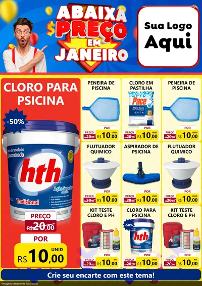 Modelo de Encarte para Encarte A4 Vertical com o tema Abaixa Preço em Janeiro para Produtos para Piscina