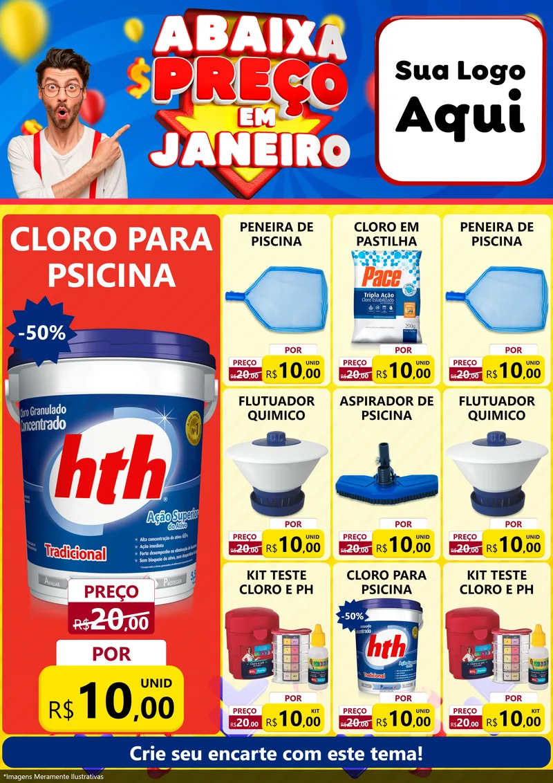 Modelo de Encarte para Encarte A4 Vertical com o tema Abaixa Preço em Janeiro para Produtos para Piscina