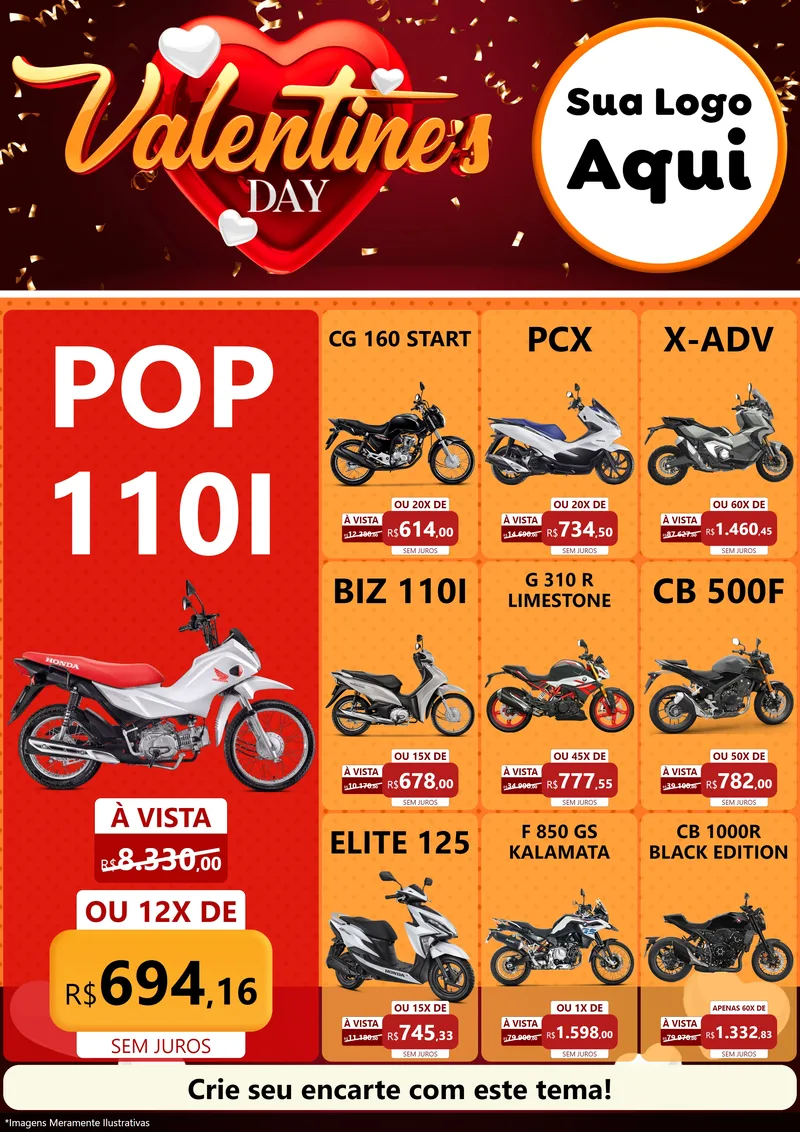 Modelo de Encarte para Encarte A4 Vertical com o tema Valentine's Day para Concessionaria de Motos