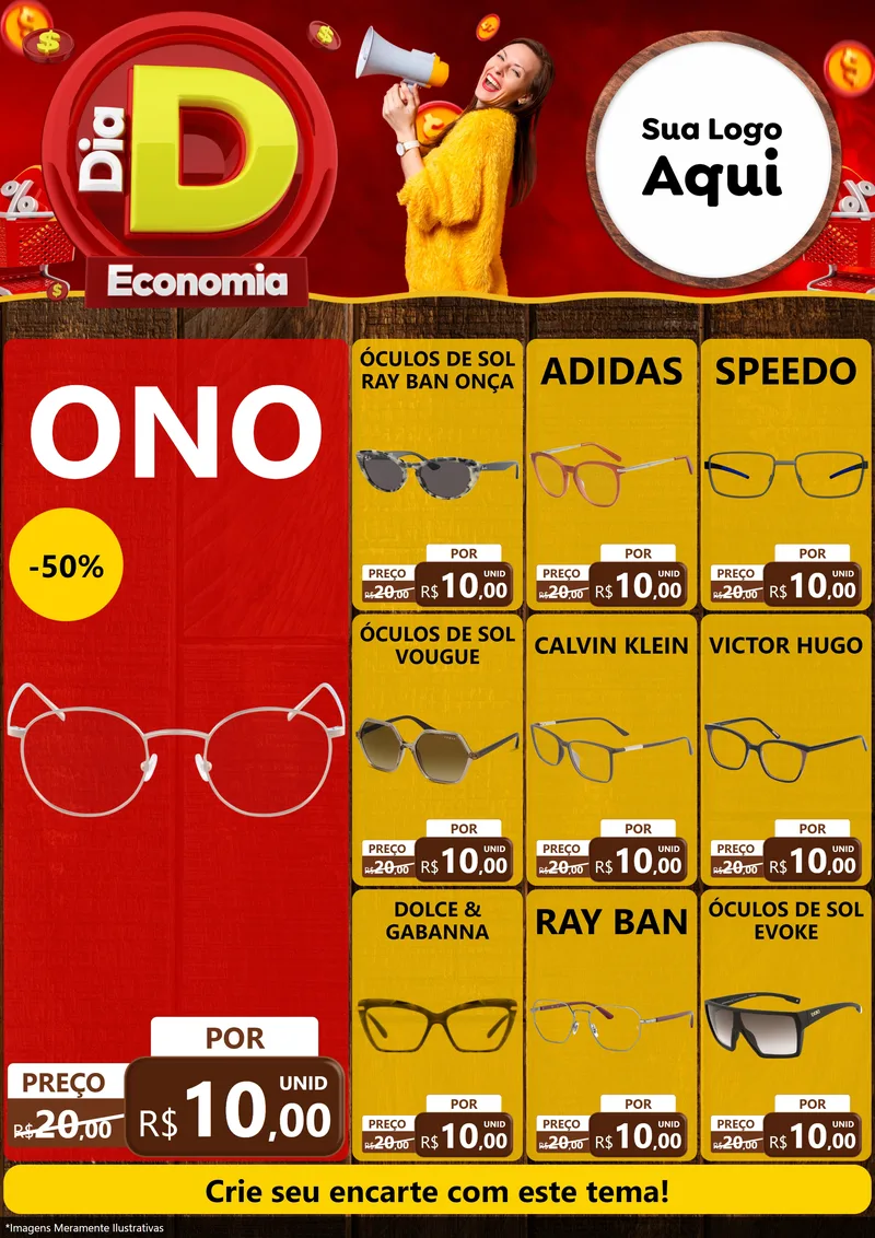 Modelo de Encarte para Encarte A4 Vertical com o tema Dia D Economia para Óticas