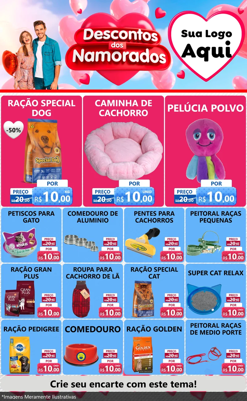 Modelo de Encarte para Encarte Grande com o tema Descontos dos Namorados para Pet Shop