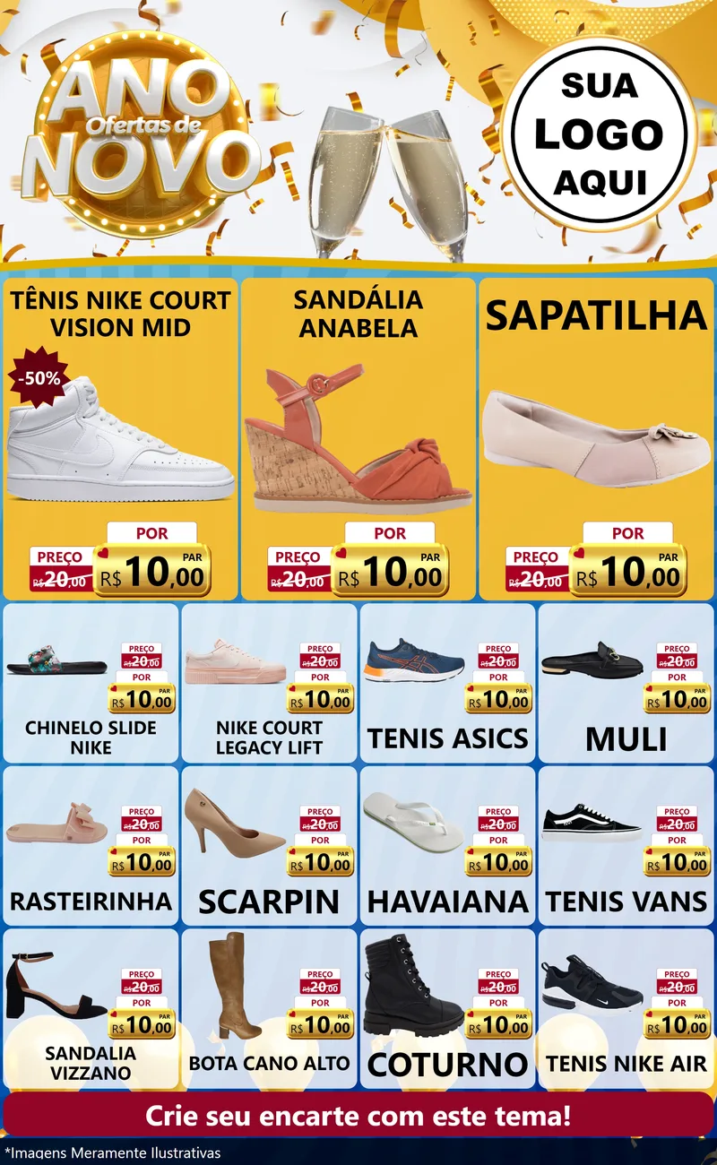 Modelo de Encarte para Encarte Grande com o tema Ofertas de Ano Novo para Calçados