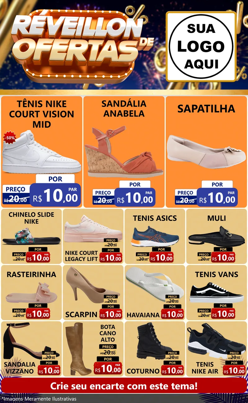 Modelo de Encarte para Encarte Grande com o tema Réveillon de Ofertas para Calçados