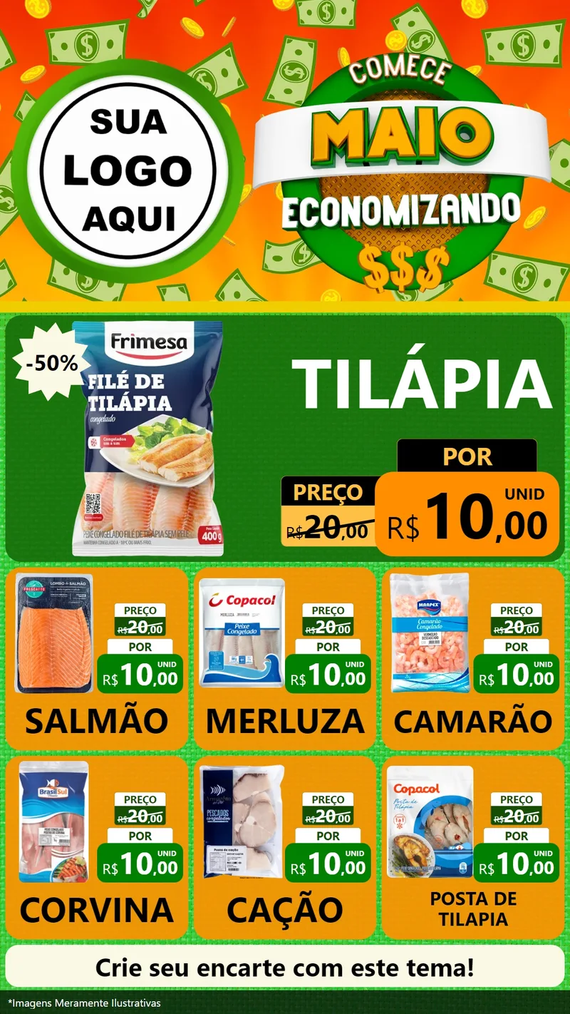 Modelo de Rede Social para Stories com o tema Comece Maio Economizando para Peixaria