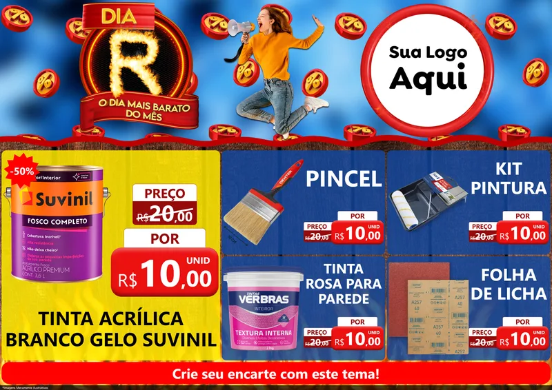 Modelo de Encarte para Encarte A4 Horizontal com o tema Dia R - O Dia Mais Barato Do Mês para Tintas e Ferramentas
