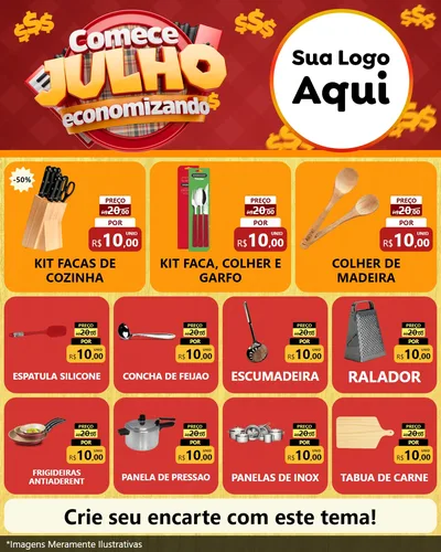 Modelo de Rede Social para Feed Instagram com o tema Comece Julho Economizando para Utilidades Domésticas
