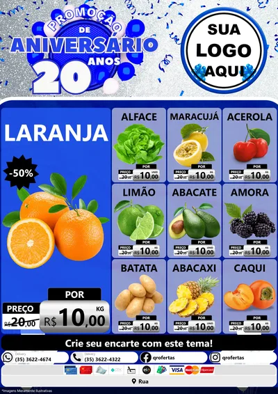 Modelo de Encarte para Encarte A4 Vertical com o tema Promoção de Aniversário - 20 Anos para Hortifrúti