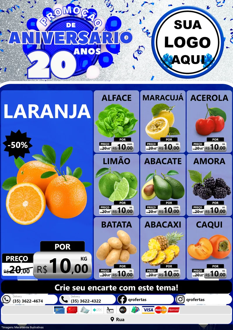 Modelo de Encarte para Encarte A4 Vertical com o tema Promoção de Aniversário - 20 Anos para Hortifrúti