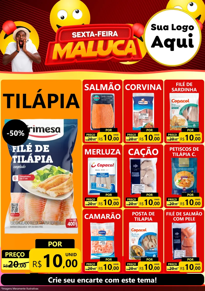 Modelo de Encarte para Encarte A4 Vertical com o tema Sexta-feira Maluca para Peixaria