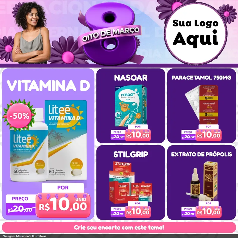 Modelo de Rede Social para Feed Facebook com o tema Oito de Março - Dia da Mulher para Farmácia