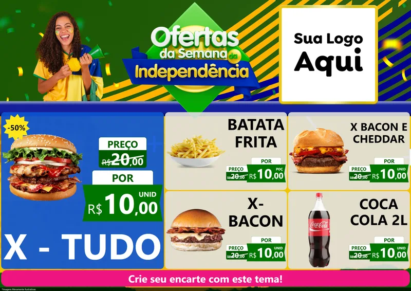 Modelo de Encarte para Encarte A4 Horizontal com o tema Ofertas da Semana da Independência para Hamburgueria