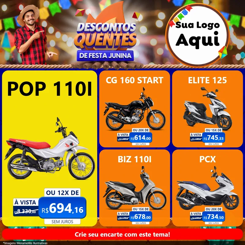 Modelo de Rede Social para Feed Facebook com o tema Descontos Quentes de Festa Junina para Concessionaria de Motos