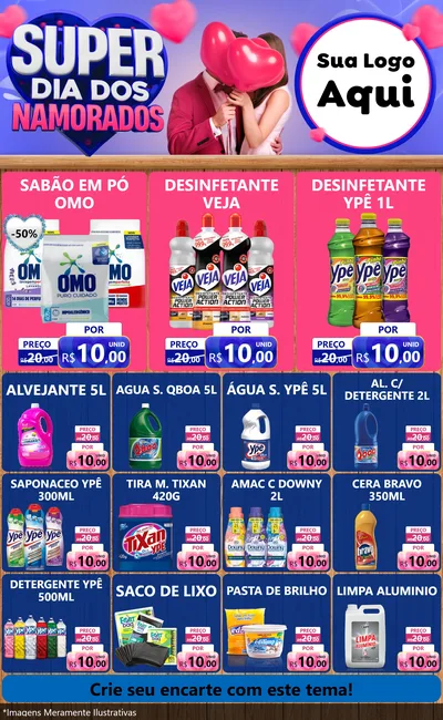 Modelo de Encarte para Encarte Grande com o tema Super Dia dos Namorados para Produtos de Limpeza