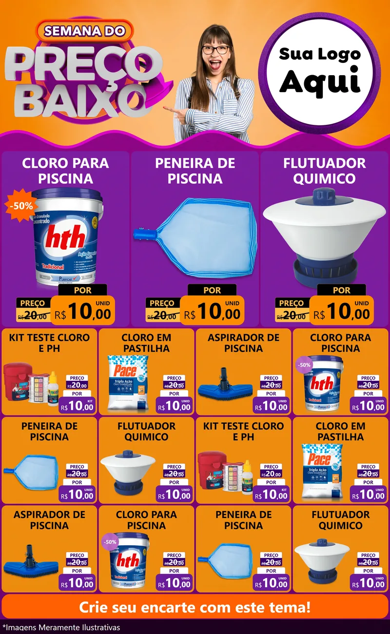 Modelo de Encarte para Encarte Grande com o tema Semana do Preço Baixo para Produtos para Piscina