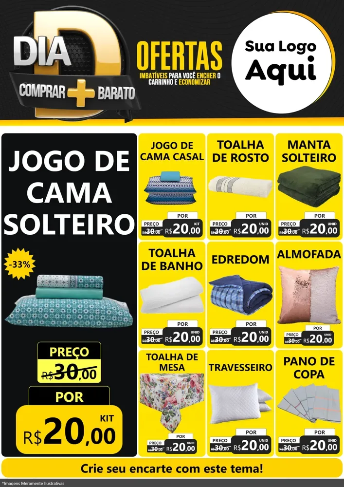 Modelo de Encarte para Encarte A4 Vertical com o tema Dia D Mais Economia para Cama, Mesa e Banho