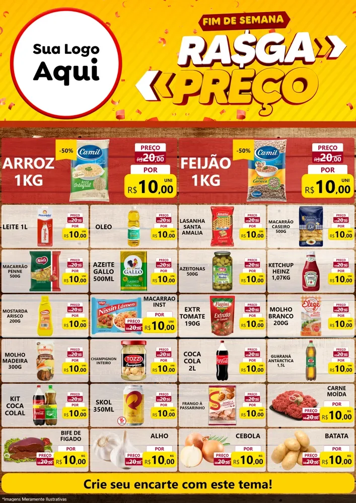 Modelo de Encarte para Encarte A4 Vertical com o tema Fim de Semana Rasga Preços para Supermercado