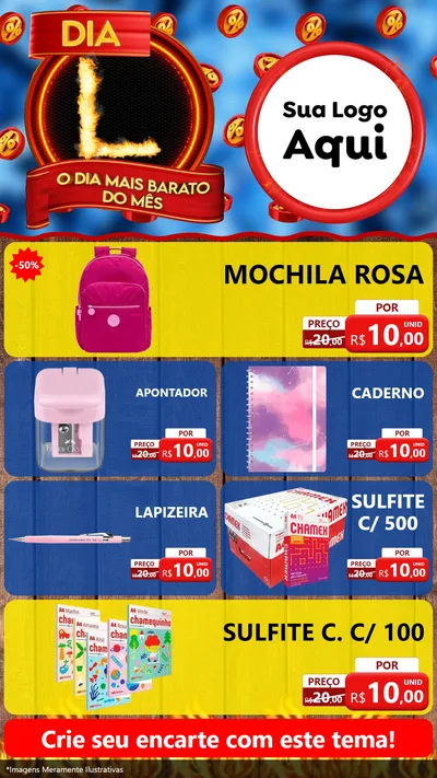 Modelo de TV para TV Vertical com o tema Dia L - O Dia Mais Barato Do Mês para Papelaria