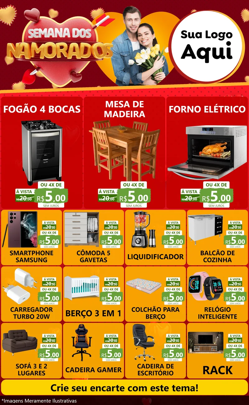 Modelo de Encarte para Encarte Grande com o tema Semana dos Namorados para Móveis e Eletro