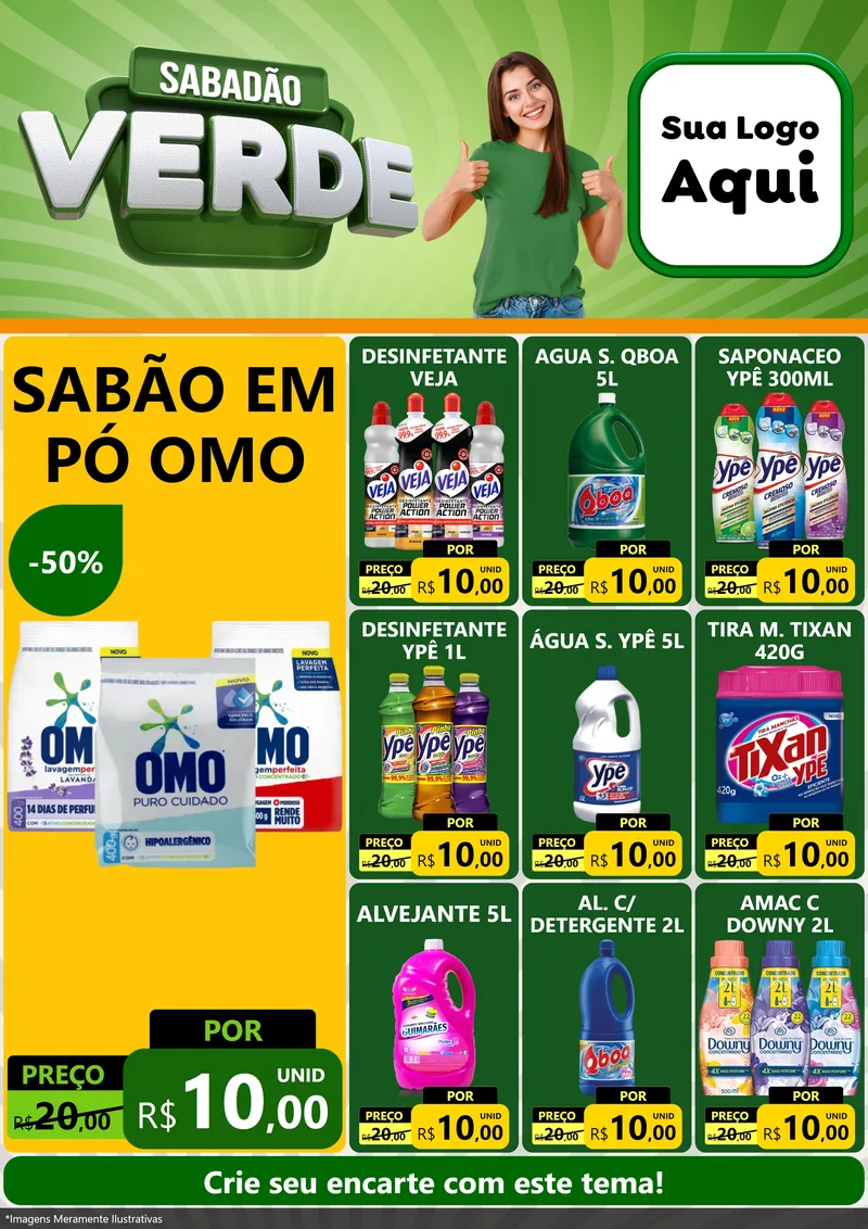 Modelo de Encarte para Encarte A4 Vertical com o tema Sabadão Verde para Produtos de Limpeza