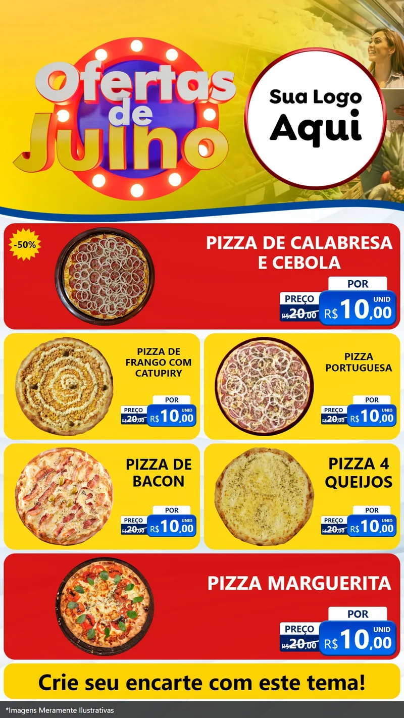 Modelo de TV para TV Vertical com o tema Ofertas de Julho para Pizzaria