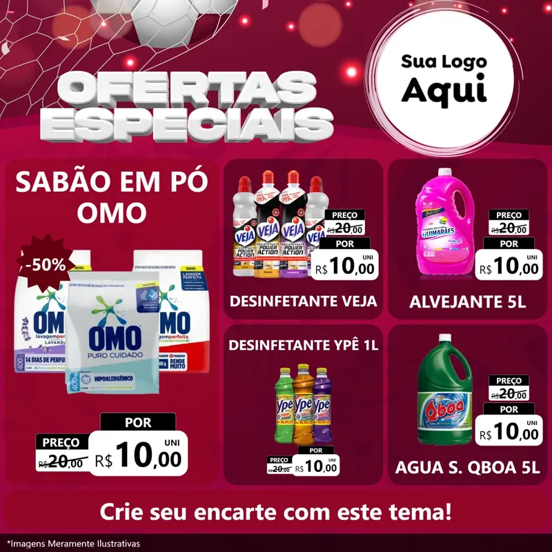 Modelo de Rede Social para Feed Facebook com o tema Ofertas Especiais - Futebol para Produtos de Limpeza