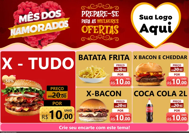 Modelo de Encarte para Encarte A4 Horizontal com o tema Mês dos Namorados para Hamburgueria