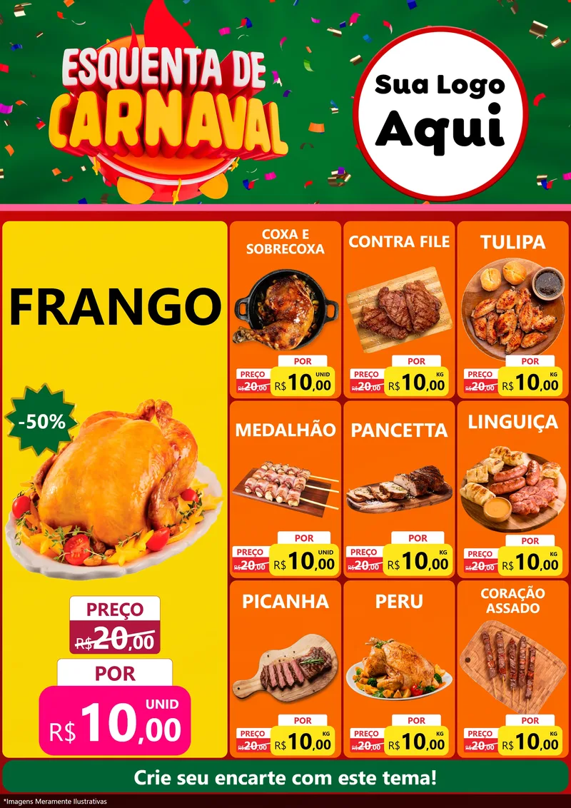 Modelo de Encarte para Encarte A4 Vertical com o tema Esquenta de Carnaval para Assados