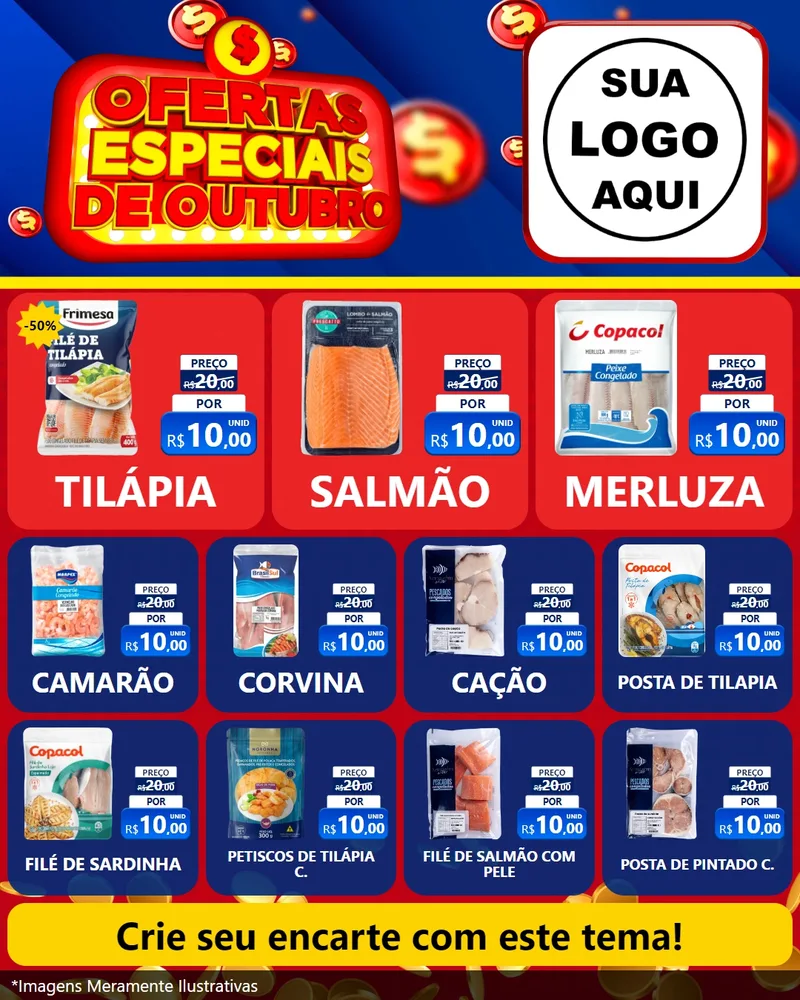 Modelo de Rede Social para Feed Instagram com o tema Ofertas Especiais de Outubro para Peixaria