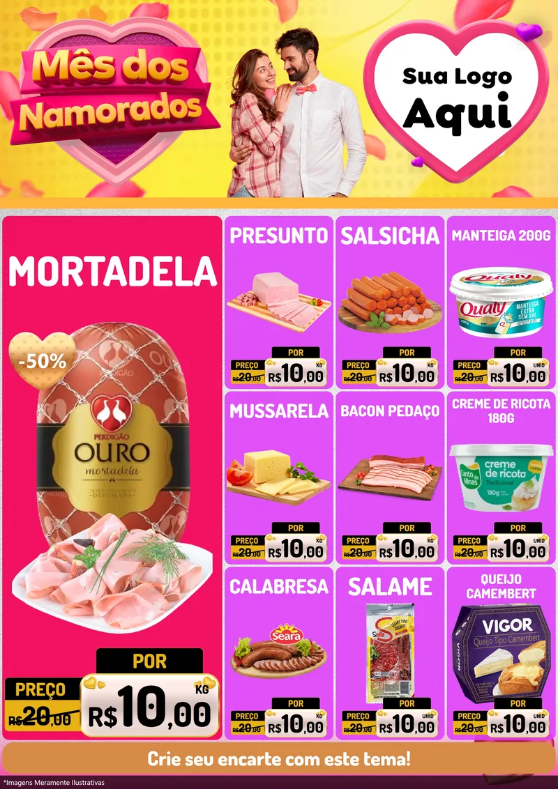 Modelo de Encarte para Encarte A4 Vertical com o tema Mês dos Namorados para Frios e Laticínios