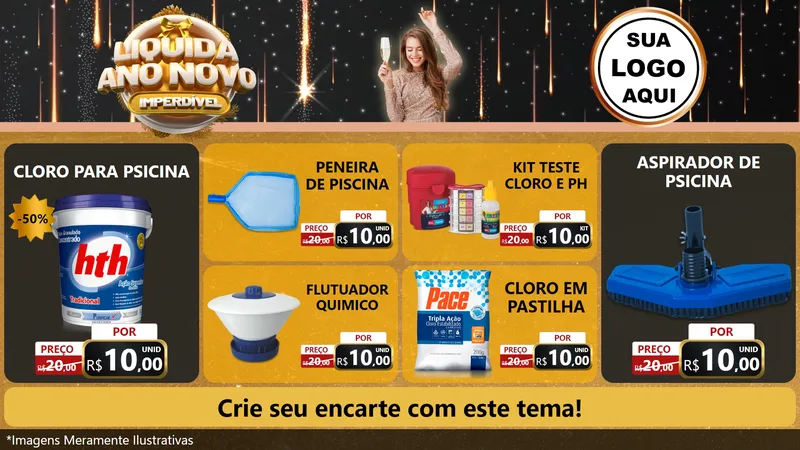 Modelo de TV para TV Horizontal com o tema Liquida Ano Novo Imperdível para Produtos para Piscina