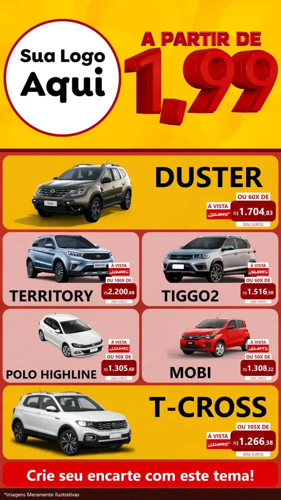 Modelo de TV para TV Vertical com o tema A Partir de Um e Noventa e Nove - 1,99 para Concessionaria de Carros