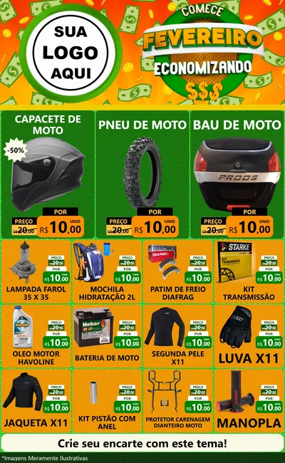 Modelo de Encarte para Encarte Grande com o tema Comece Fevereiro Economizando para Moto peças