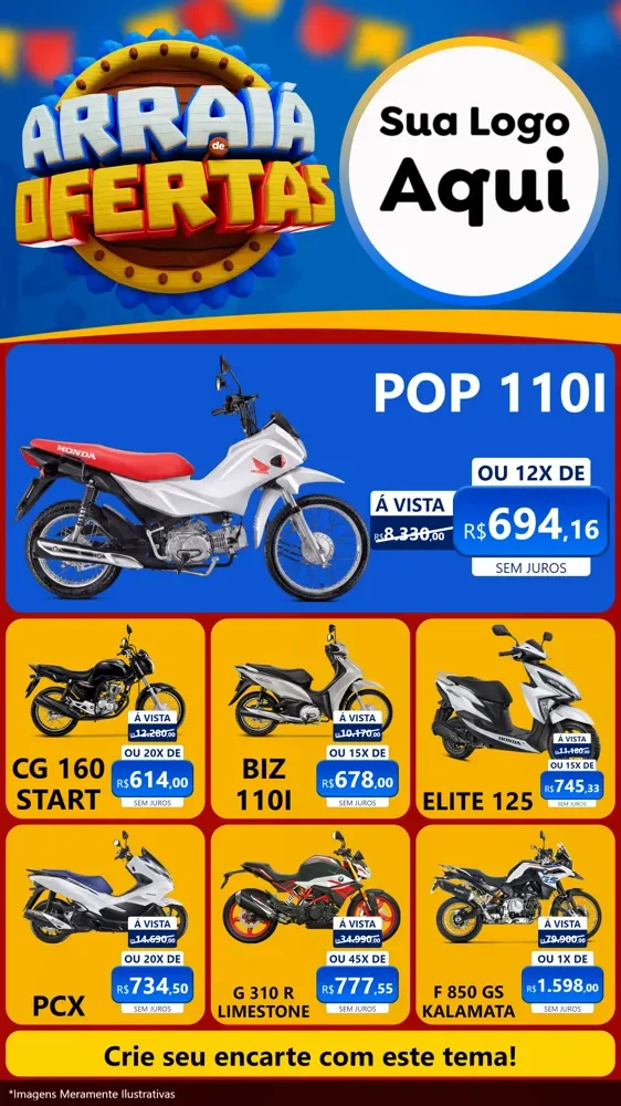 Modelo de Rede Social para Stories com o tema Arraiá de Ofertas - Junina para Concessionaria de Motos
