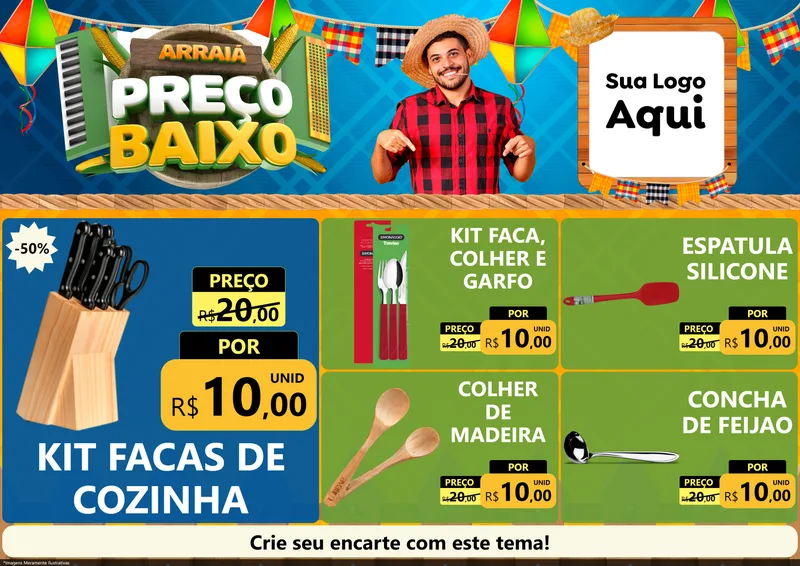 Modelo de Encarte para Encarte A4 Horizontal com o tema Arraiá de Preço Baixo - Junina para Utilidades Domésticas