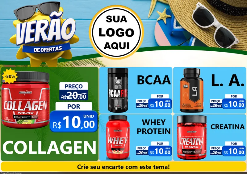Modelo de Encarte para Encarte A4 Horizontal com o tema Verão de Ofertas para Suplementos alimentares