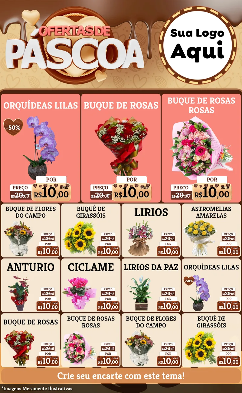 Modelo de Encarte para Encarte Grande com o tema Ofertas de Páscoa para Floricultura e jardim