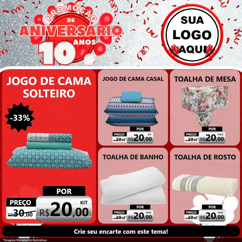 Modelo de Rede Social para Feed Facebook com o tema Promoção de Aniversário - 10 Anos para Cama, Mesa e Banho