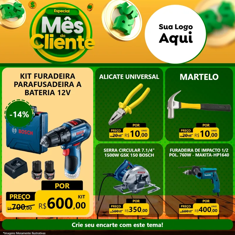 Modelo de Rede Social para Feed Facebook com o tema Especial Mês do Cliente para Maquinas e Ferramentas