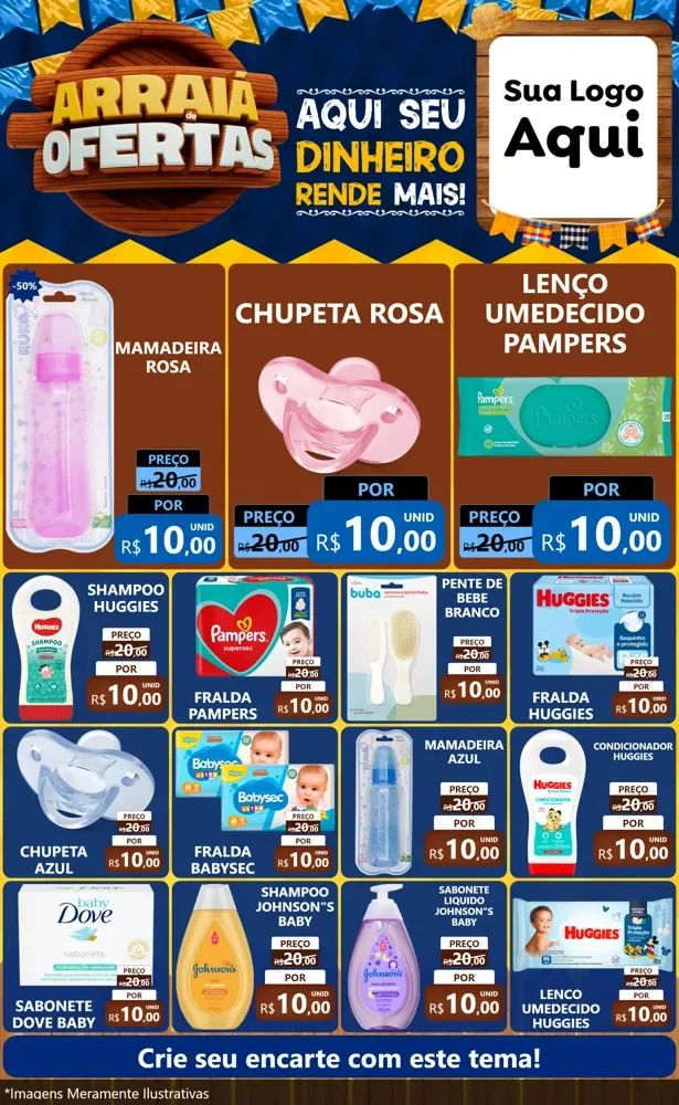 Modelo de Encarte para Encarte Grande com o tema Arraiá de Ofertas - Junina para Bebês