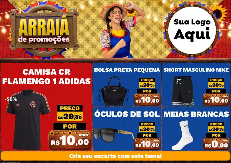 Modelo de Encarte para Encarte A4 Horizontal com o tema Arraiá de Promoções para Roupas e acessórios