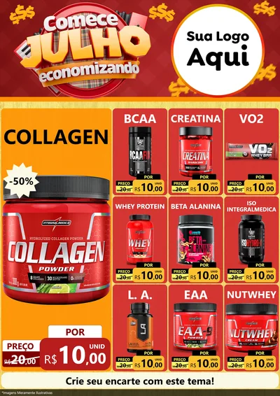 Modelo de Encarte para Encarte A4 Vertical com o tema Comece Julho Economizando para Suplementos alimentares