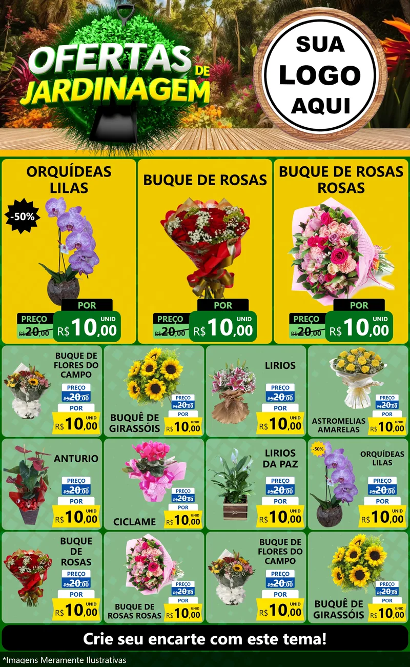 Modelo de Encarte para Encarte Grande com o tema Ofertas de Jardinagem para Floricultura e jardim
