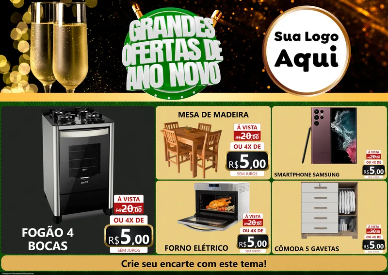 Modelo de Encarte para Encarte A4 Horizontal com o tema Grandes Ofertas de Ano Novo para Móveis e Eletro