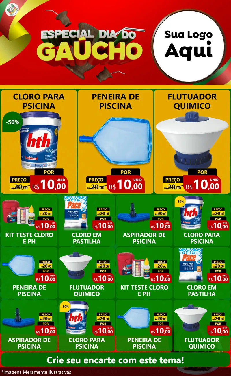Modelo de Encarte para Encarte Grande com o tema Especial Dia do Gaúcho para Produtos para Piscina