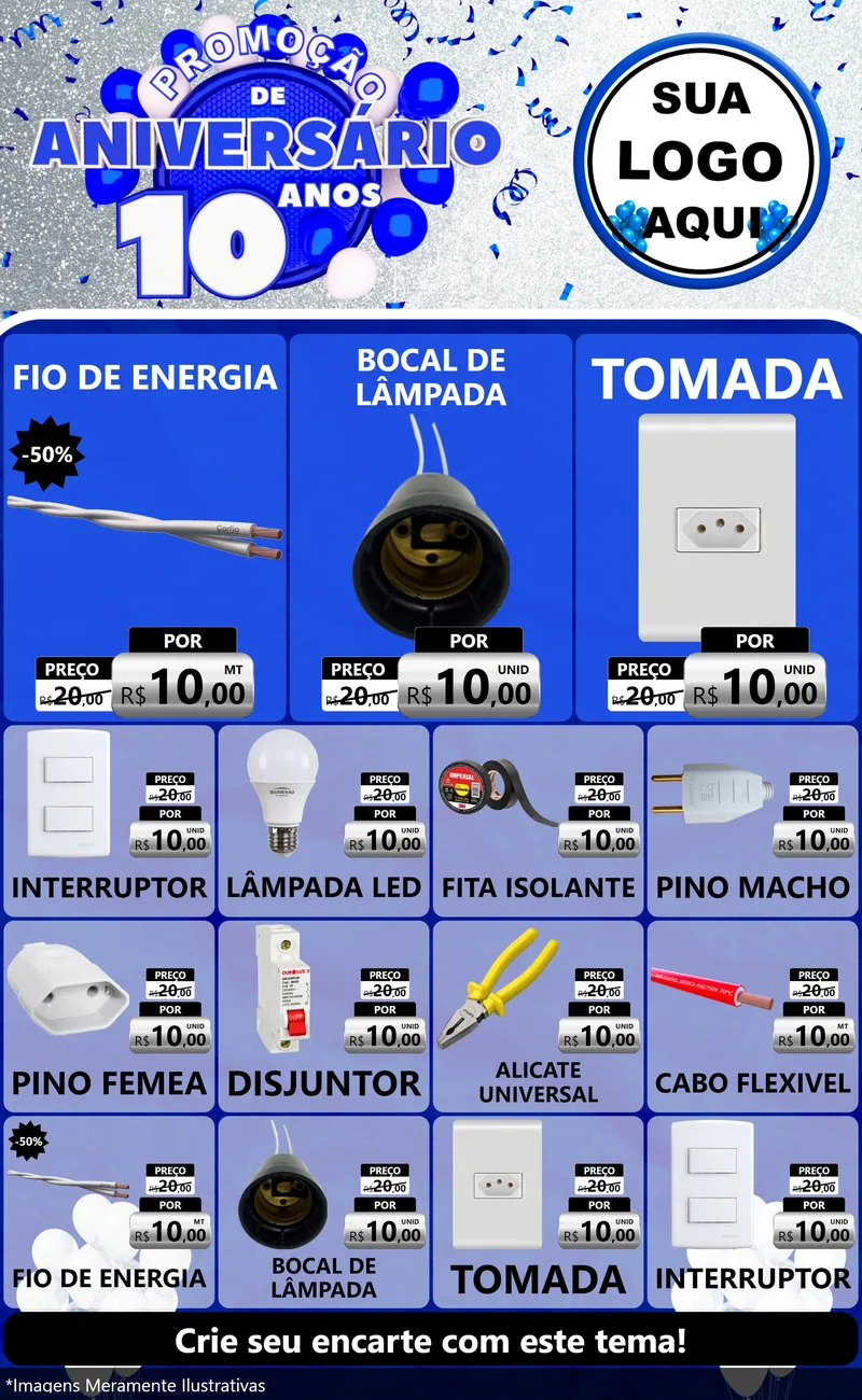 Modelo de Encarte para Encarte Grande com o tema Promoção de Aniversário - 10 Anos para Materiais Elétricos