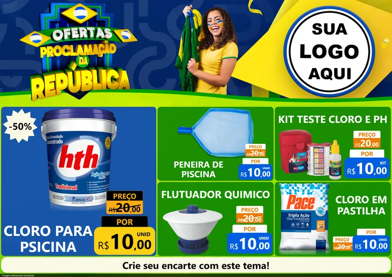 Modelo de Encarte para Encarte A4 Horizontal com o tema Ofertas Proclamação da República para Produtos para Piscina