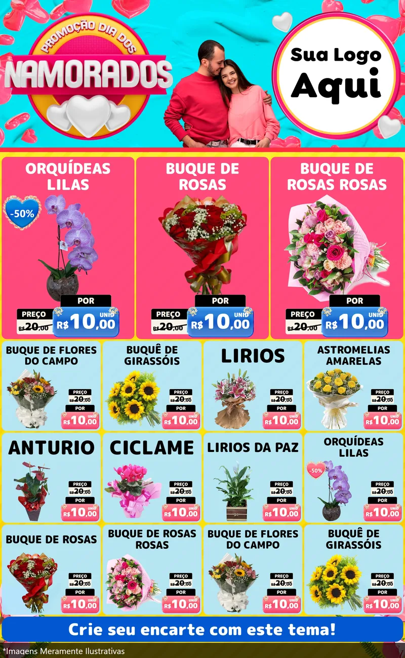 Modelo de Encarte para Encarte Grande com o tema Promoção Dia dos Namorados para Floricultura e jardim