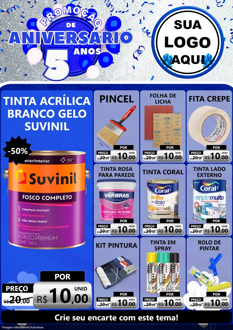 Modelo de Encarte para Encarte A4 Vertical com o tema Promoção de Aniversário - 5 Anos para Tintas e Ferramentas